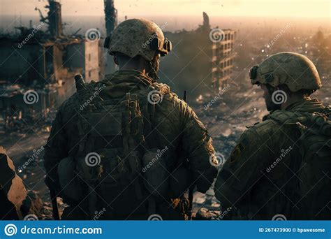 Ukraine Soldiers Overlook A War Torn City Generative Ai Stock