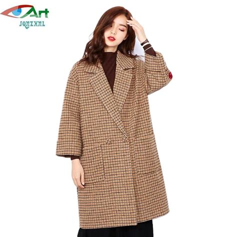 Jqnzhnl 2018 New Winter Women Plaid Wool Blends Jacket Overcoat Women Double Breasted Flower