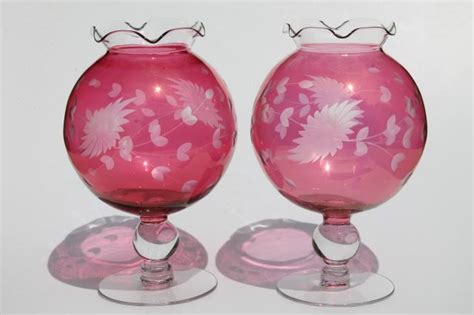 Vintage Ruby Cranberry Red Stain Glass Globe Vases Pair Wheel Cut Etched Glass Ivy Balls