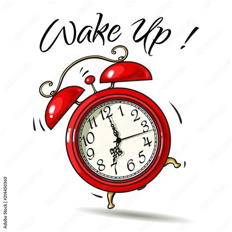 Cartoon Red Alarm Clock Ringing Wake Up Text Vector Stock Vector