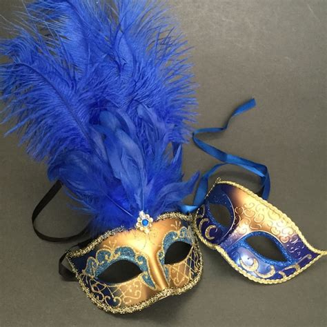 Gold Blue Masquerade Ball Feather Mask Pair Birthday Costume Etsy