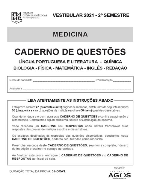 Prova Vestibular Medicina 2021 2 Sem Fcmmg Pdf Telescópio Oxigênio