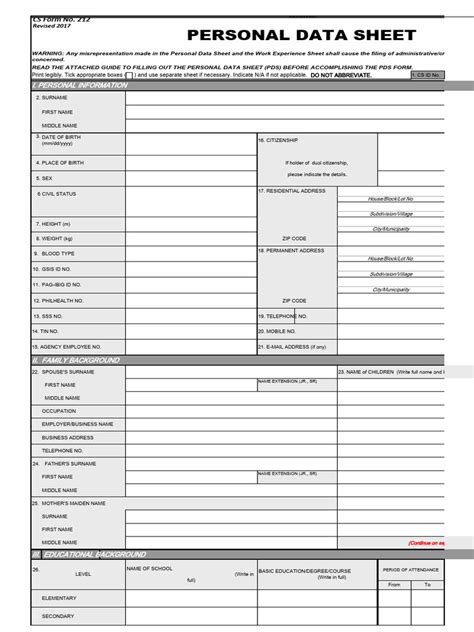 Cs Form No 212 Pds 2017 Revised Pdf Passport Government