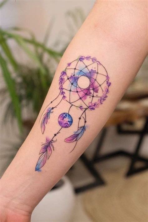 Watercolor Tattoo Dreamcatcher Meaning Forearm Tattoo In Purple Blue