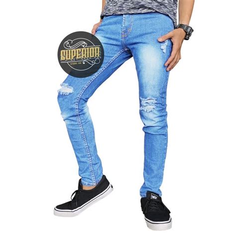 Jual Celana Jeans Pensil Skinny Sobek Ripped Tembus Biru Wash Ukuran