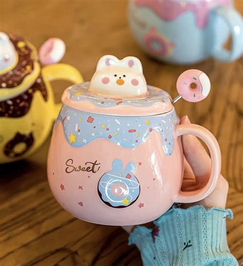 Bunny Donut Ceramic Cup Ceramic Mug With Lid Cute Donuts Mugs