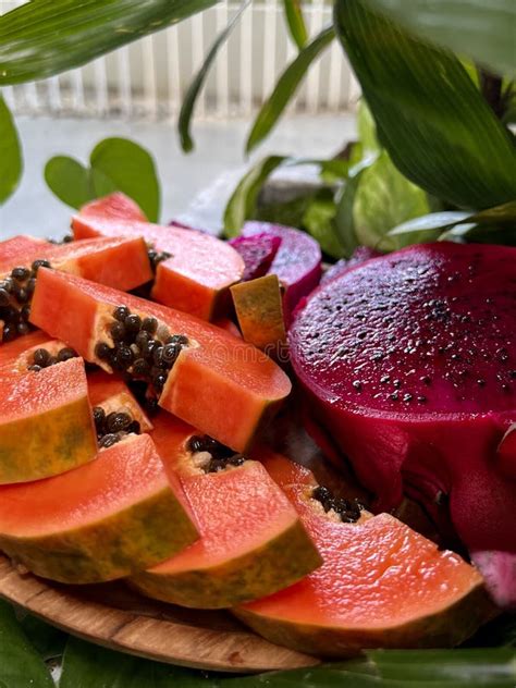 Tropical Fruit Papaya And Red Fruit Dragon Stock Photo Image Of