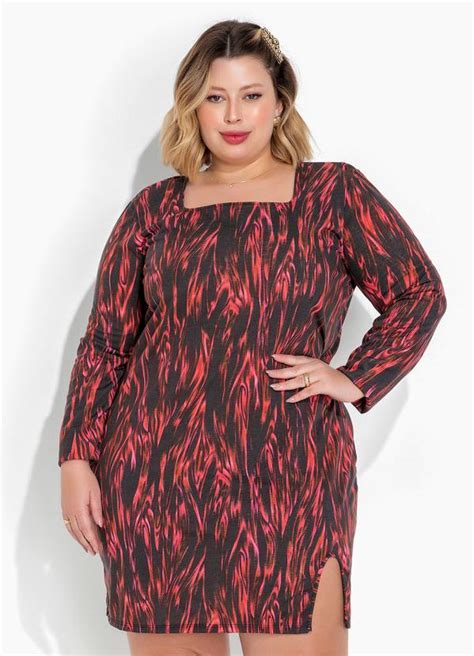 Vestido Abstrato Preto Com Fenda Plus Size Marguerite