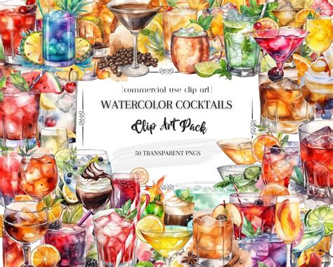 Cocktail Clip Art Pack 1 Pack Of 50 Watercolor Cocktails Clipart For Commercial Use