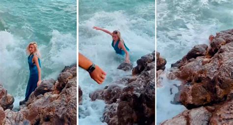 Vídeo mostra o momento que onda arrasta modelo para dentro do mar