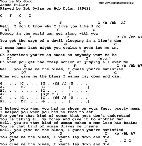 Bob Dylan song - You're No Good, lyrics and chords