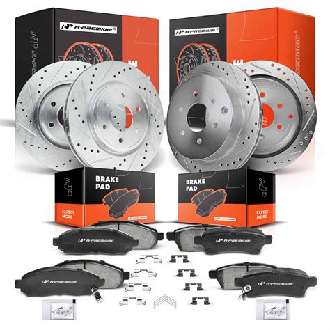 A Premium Front And Rear Drilled And Slotted Disc Brake Rotors Ceramic Pads Kit Compatible With