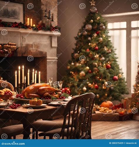 Indoor Christmas Scene A Dining Table With Typical Christmas Foods Ai