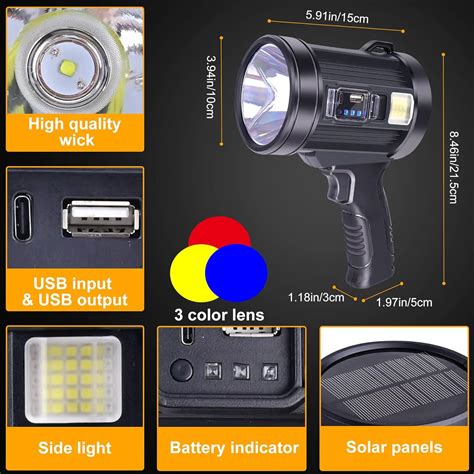 Rechargeable Spotlight Flashlights 90000 High Lumens Super Bright Solar Spot Light With 6 Modes