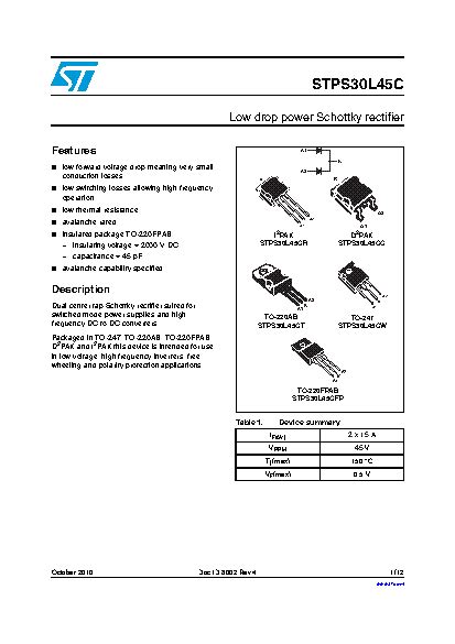 Stps L Cg Tr Datasheet Small Signal Schottky Diode Dual Common