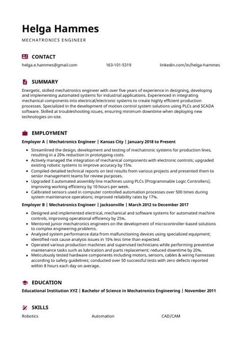 Mechatronics Engineer Resume (CV) Example and Writing Guide