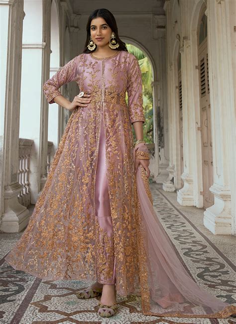 Buy Light Pink Net Wedding Wear Embroidery Work Anarkali Suit Online