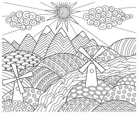 Patrón de Doodle en blanco y negro Patrón de paisaje para colorear