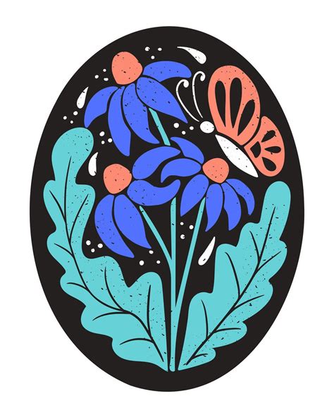 Retro abstract floral composition in ellipse shape on black background