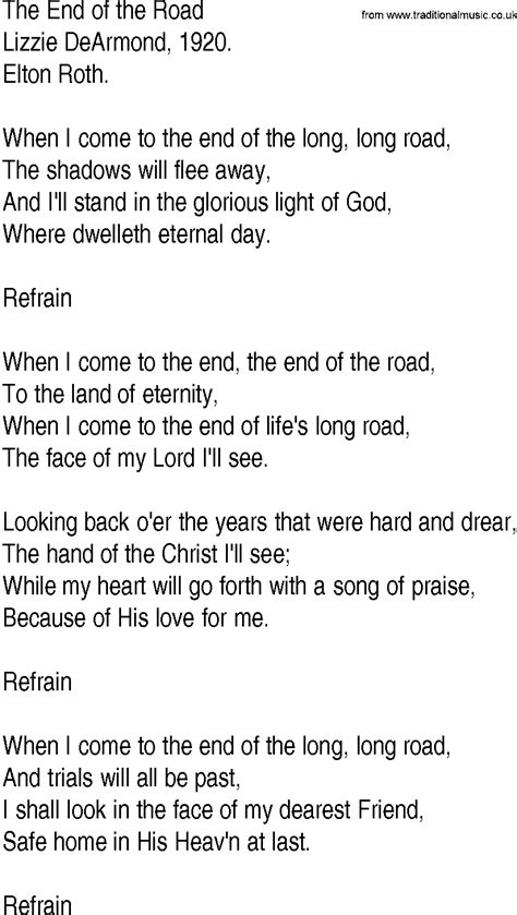 Hymn and Gospel Song Lyrics for The End of the Road by Lizzie DeArmond