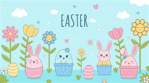 Premium Vector Easter Background With Cute Bunnies And Flowers Vector