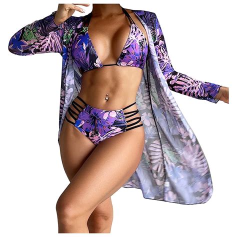 WREESH Womens 3 Piece Swimsuits Tropical Print Halter Bikini Set With Kimono Beach Cover Ups