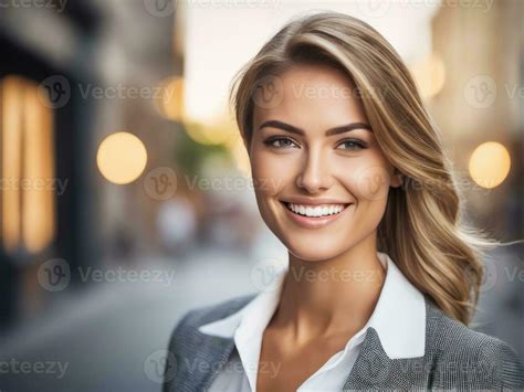 Young Happy Smiling Business Woman Standing Outdoor On Street Ai