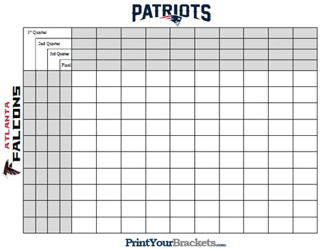 Super Bowl Squares With Quarter Lines Printable Version