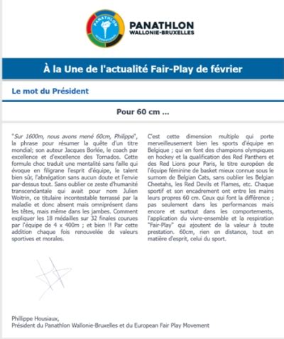 Panathlon International Club Wallonie Bruxelles Newsletter février 2024