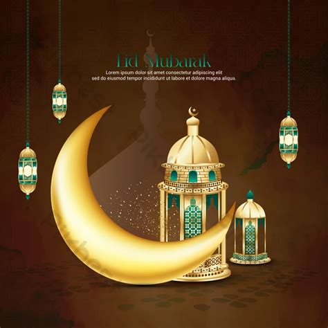 Islamic Greetings Eid Mubarak Card Design With Lanterns Crescent EPS