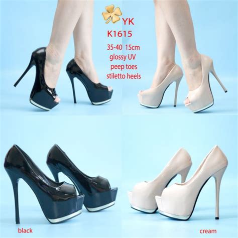 Jual YKshoes 1615 Peep Toes Heels 15cm Black Cream Kebuka Glossy