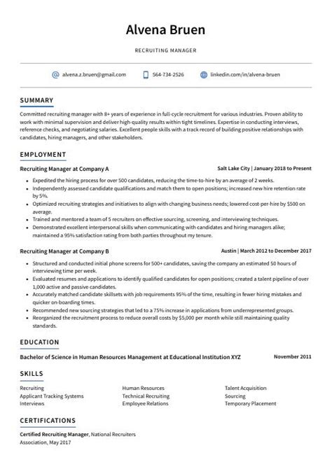 Recruiting Manager Resume Cv Example And Writing Guide