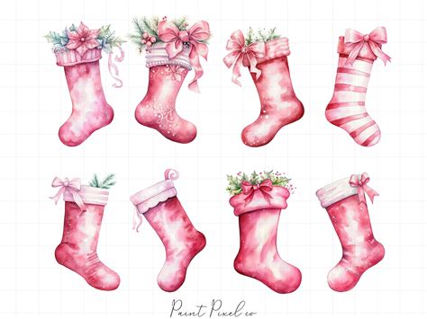 Pink Christmas Stocking Clipart Png Holiday Clip Art Cute Etsy