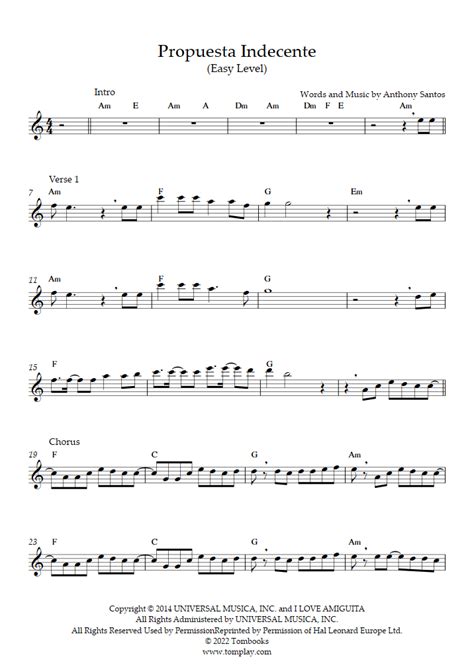 Propuesta Indecente Easy Level Romeo Santos Flute Sheet Music