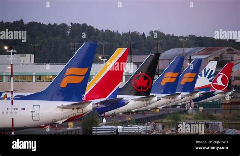 Row of Boeing 737 MAX airplane tails grounded at Boeing Field Airport ...