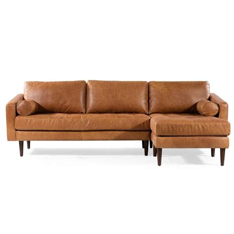 Florence Mid Century Modern Right Sectional Sofa Cognac Tan Poly And Bark Modern Leather Sofa