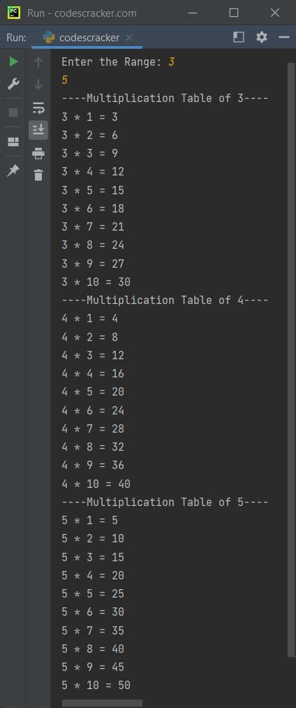 Python Program To Print Multiplication Table