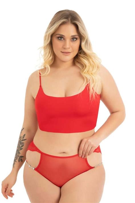 Cottonhill Kırmızı Transparan Tüllü Dantel ve Zincir Detaylı Büyük Beden Kadın Bikini Külot