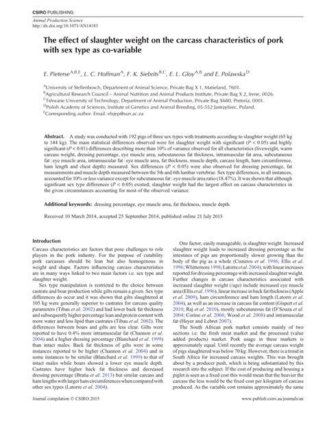 PDF The Effect Of Slaughter Weight On The Carcass Characteristics Of Pork With Sex Type As Co