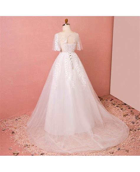 Custom Leaf Shape Lace Aline Wedding Dress Laceup With Puffy Sleeves