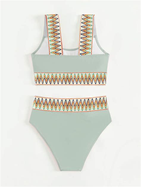 SHEIN Teen Girls Chevron Tape Bikini Swimsuit SHEIN UK