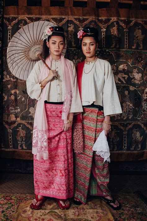 A Couple Burmese Girls Myanmar Traditional Dress Traditional Attire