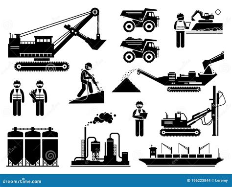 Mining Quarry Site Workers And Heavy Machinery Icons Set Stock Vector