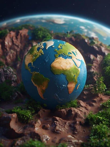 3d Render Of A Cute Detailed Planet Miniature Earth Surreal High