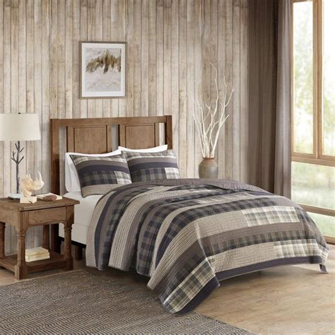 3 Piece Tan Brown Plaid Quilt King Set Cal King Log Cabin Bedding Grey