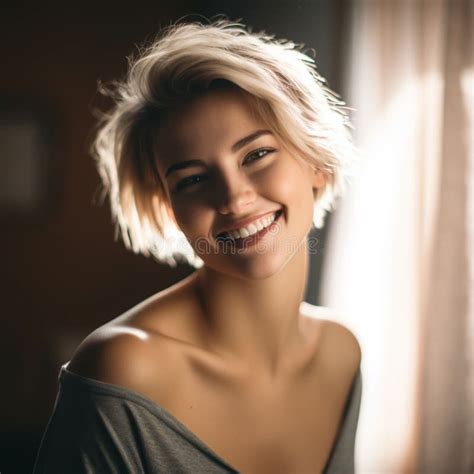 Woman With Short Blonde Hair Smiling At Camera In Interior Setting