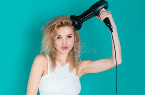 Woman Blow Drying Her Hair Young Girl With Drying Hair With Hair Dry