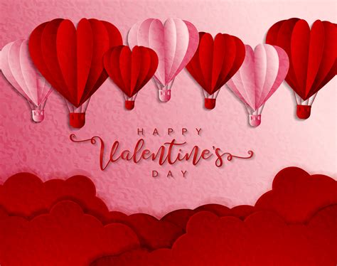 Happy Valentines Day Typography Vector Design With Paper Cut Red Heart Shape Hot Air Balloons