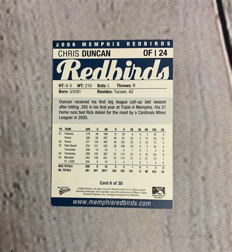 2006 MultiAd Sports Memphis Redbirds Chris Duncan 6 Tucson AZ EBay