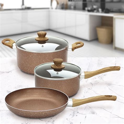 Rose Gold 3 Pc Induction Non Stick Marble Saucepan Fry Pan Cooking